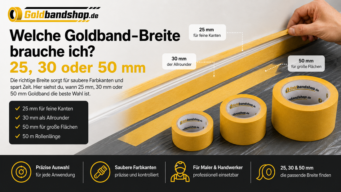 Goldband Washi-Malerband in 25 mm, 30 mm und 50 mm Breite im Vergleich für saubere Farbkanten